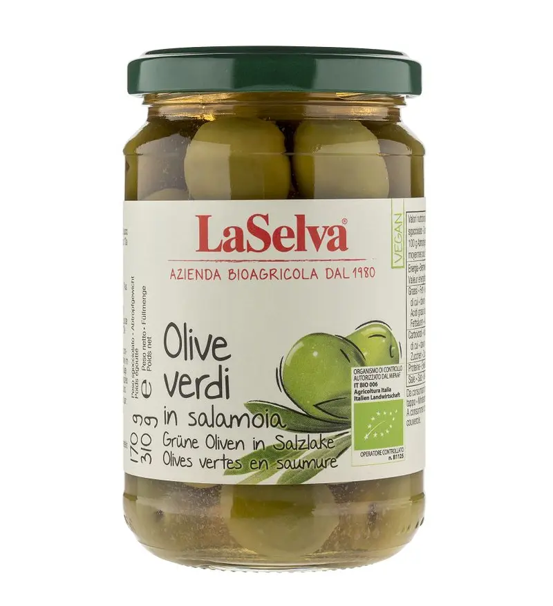 Masline Verzi Bio cu Samburi in Saramura La Selva 310 g