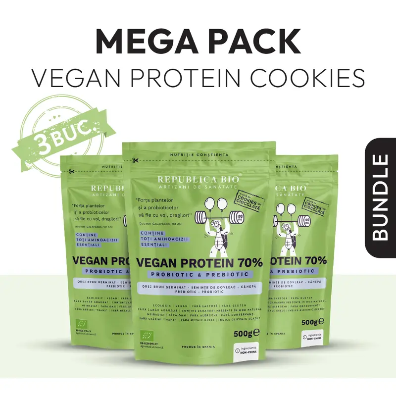 Mega Pack Vegan Protein 70% - Probiotic & Prebiotic Republica BIO, 500g, ecologic, gust cookie, Pachet Promotional