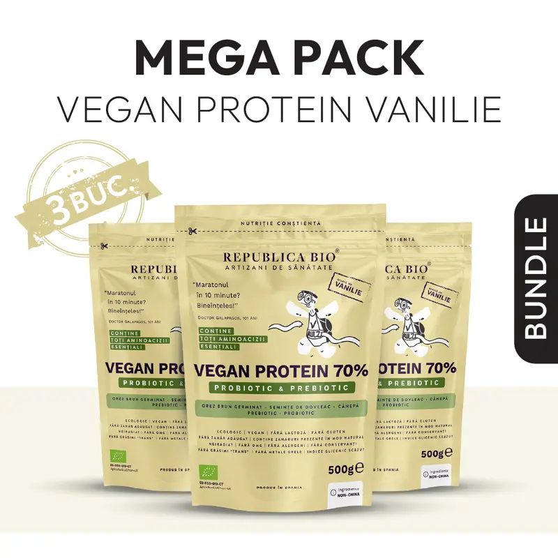 Mega Pack Vegan Protein 70% - Probiotic & Prebiotic Republica BIO, 500g, ecologic, gust vanilie, Pachet Promotional