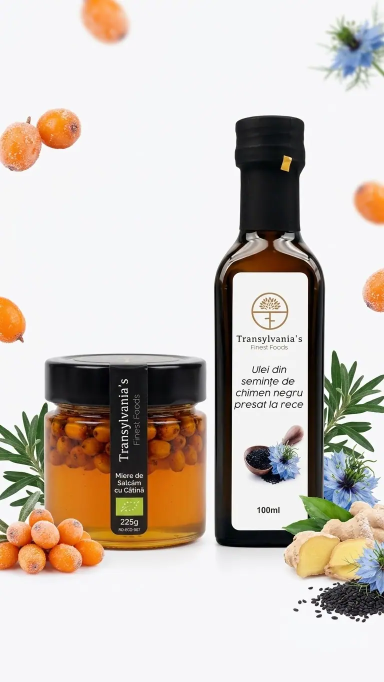 Miere de Salcâm cu Cătină & Ulei din Semințe de Chimen Negru Transylvania's Finest Foods