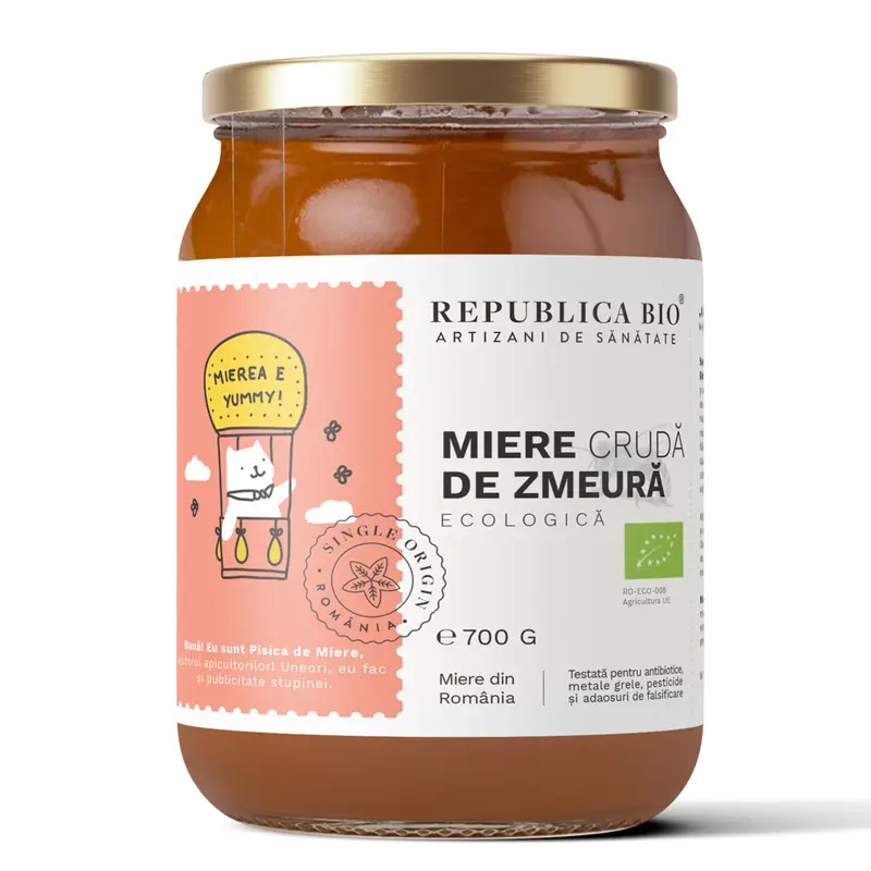 Miere de Zmeura ecologica cruda Republica BIO, 700 g
