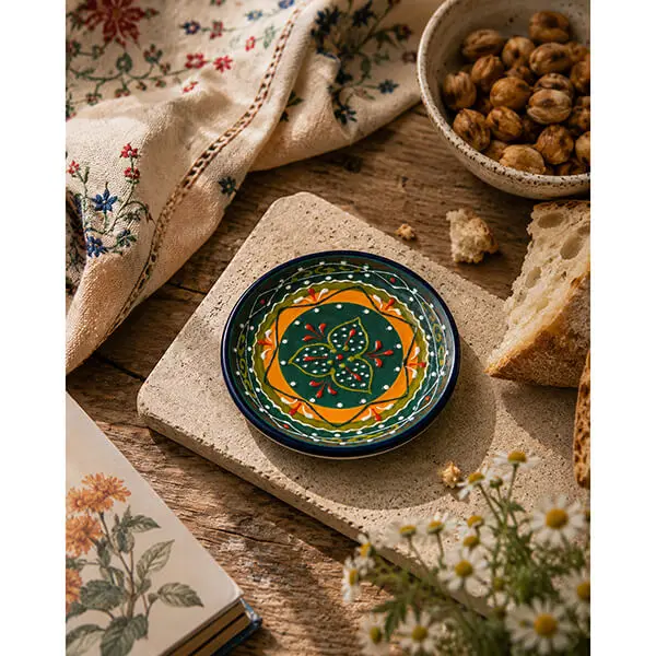 Mini tapas din ceramică artizanală spaniolă diametru Verdes con Azul 9 cm