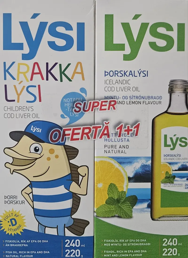 Pachet ulei ficat de cod copii 240 ml + cu mentă 240 ml – Lysi