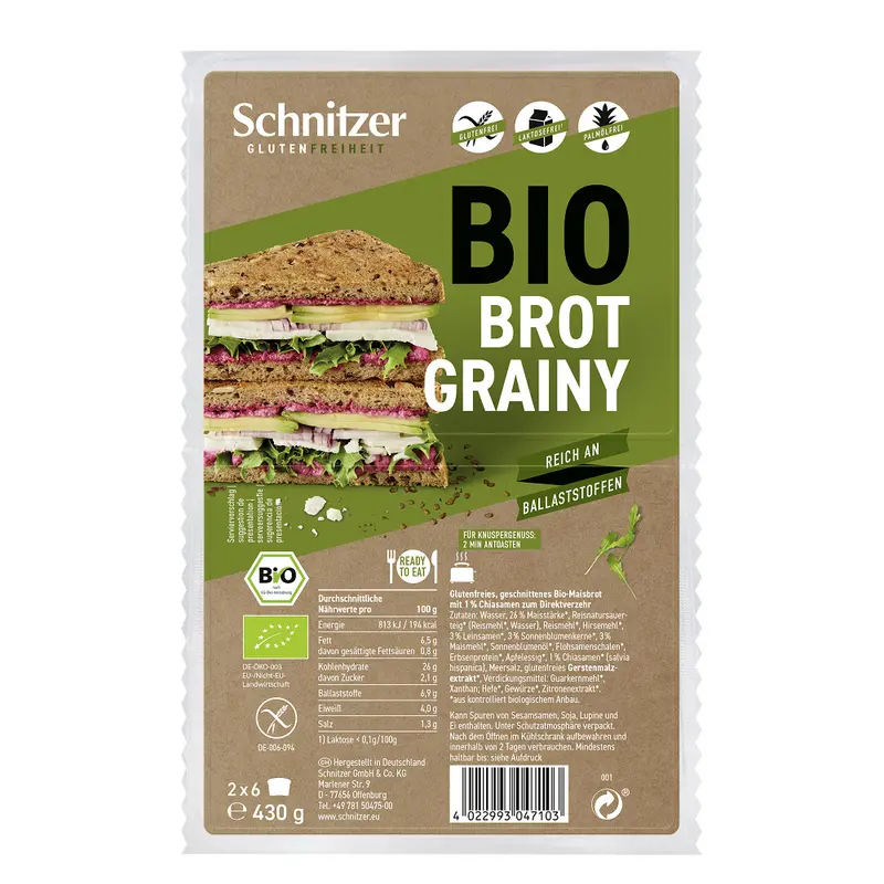 Paine Grainy Toast Bio Fara Gluten Schnitzer 430 g