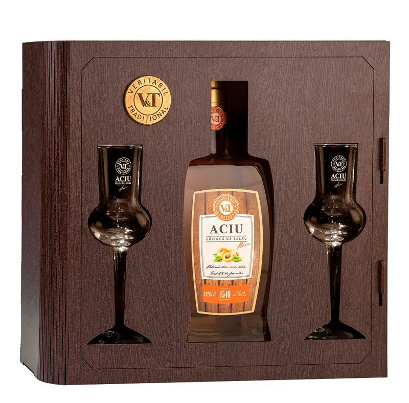 Palinca de Zalau Aciu + set 2 Pahare - Caise 42% 0.7L