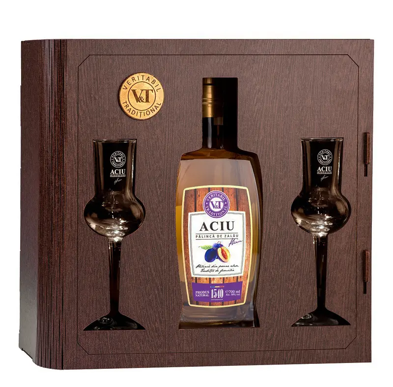 Palinca de Zalau Aciu + set 2 Pahare - Prune 50% 0.7L