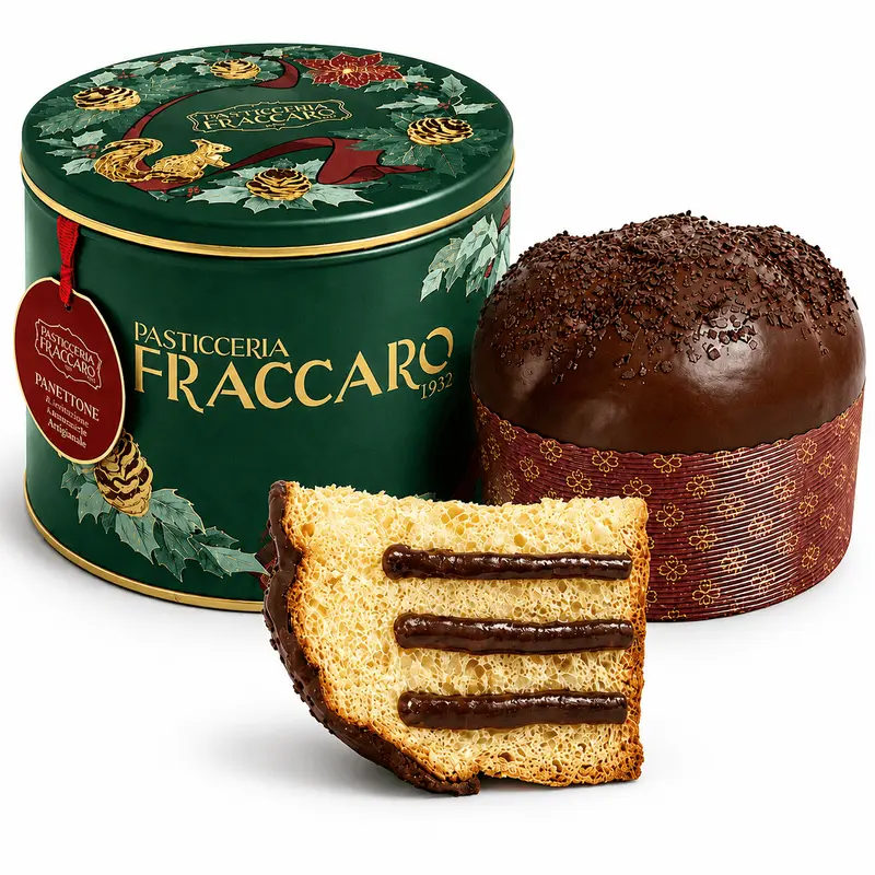 Panettone artizanal cu cremă gianduja în cutie metalică Fraccaro 750g - ediție de Crăciun
