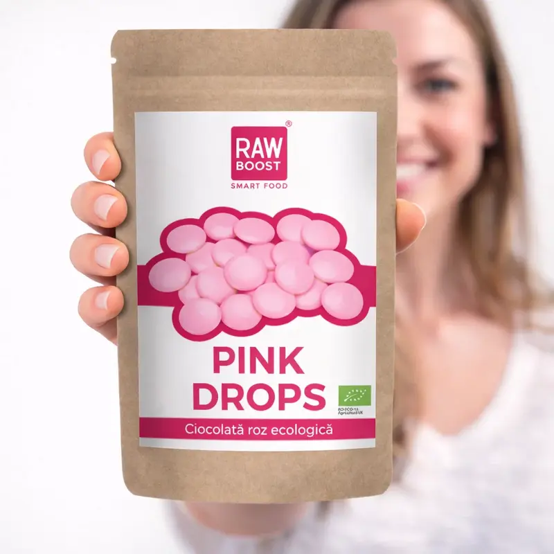 Pink Drops - Ciocolată Roz Vegană ECO, cu Pudră de Căpșuni, 90g | Rawboost