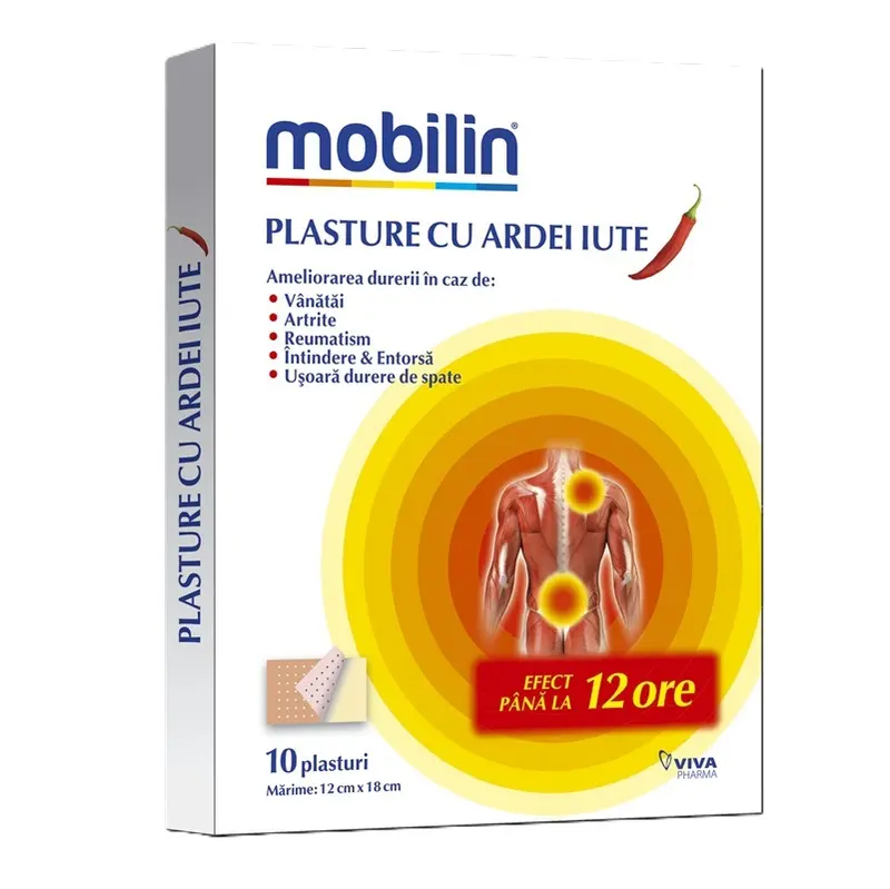 Plasturi cu ardei iute Mobilin 10 buc, 12 × 18 cm – Viva Pharma