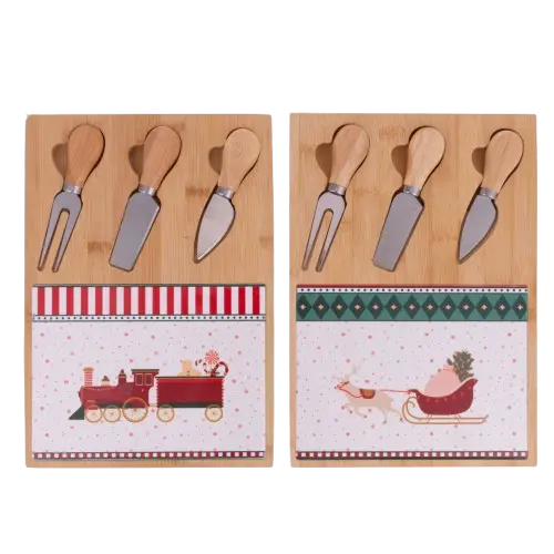 Platou de brânzeturi din bambus cu 3 cuțite, 30,5×21,5 cm — decor de Crăciun