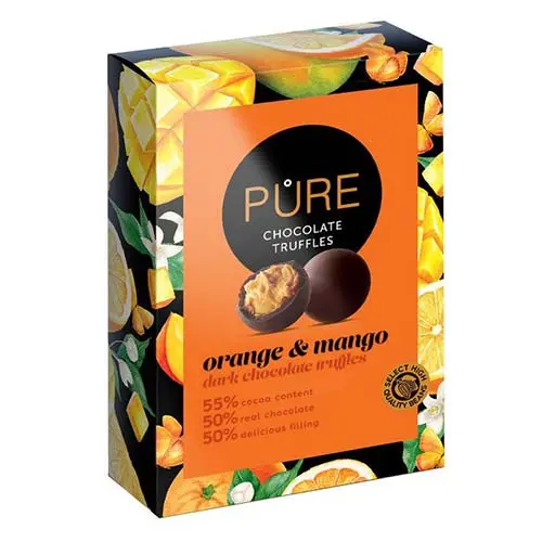 Pure Chocolate trufe de ciocolată cu aromă de portocală și mango 148g