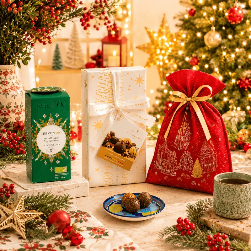 Săculeț cadou de Crăciun cu praline belgiene și ceai verde bio