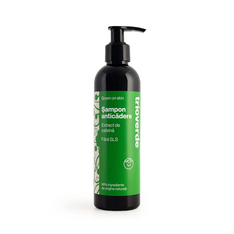 Șampon anticădere cu cafeină cu pompiță 250 ml – Trio Verde