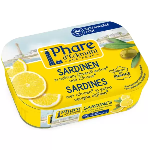 Sardine in ulei bio de masline extravirgin si cu lamaie bio, 135g | Phare