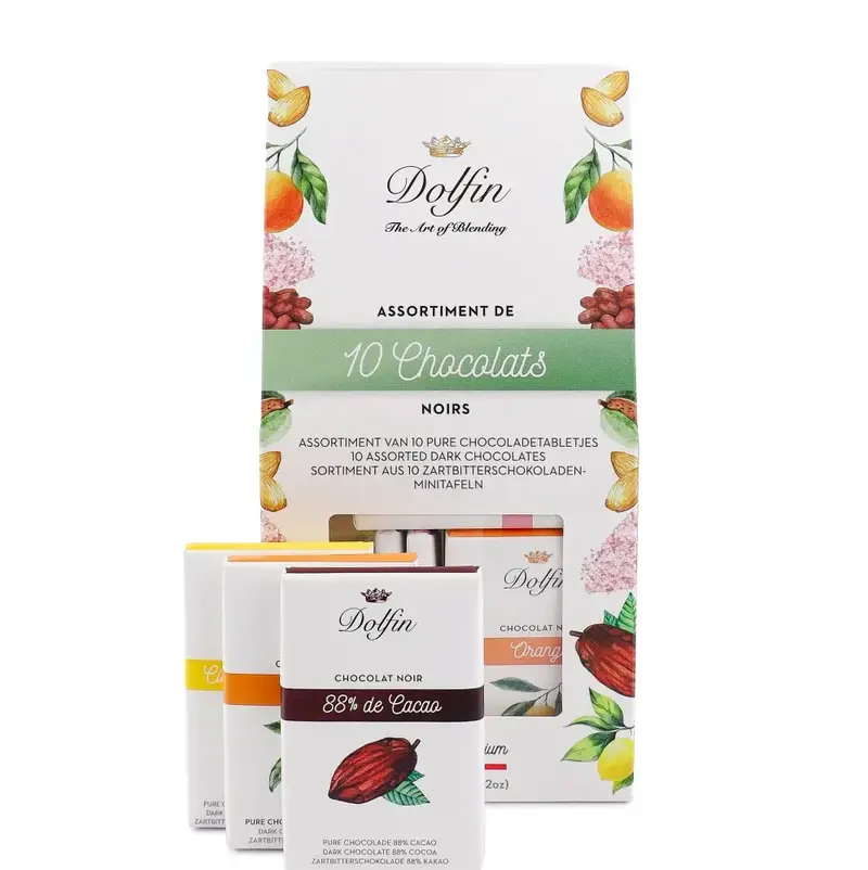 Selecție de 10 mini tablete de ciocolată neagră 100g Dolfin