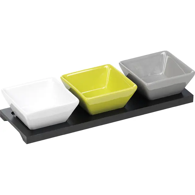 Set 3 boluri mici ceramice (verde anason, alb, gri) pe suport de lemn 9 x 7.5 x 3 cm