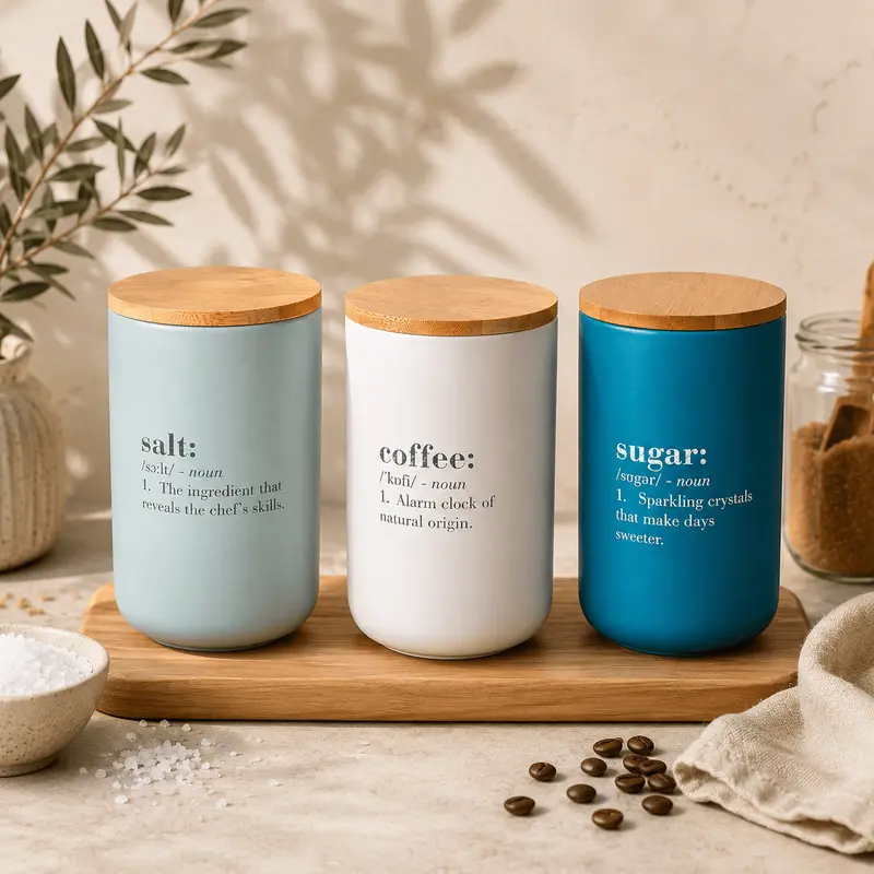 Set 3 borcane din ceramică cu capac de bambus, 1 L — cafea, sare, zahăr
