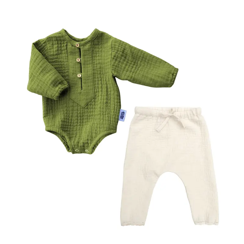 Set Alethi (body+pantalon), din muselină, verde + ivory