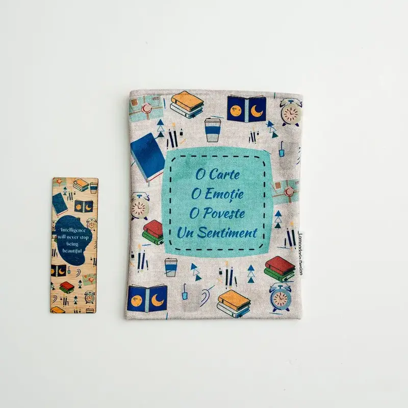 Set Husă pentru Carte + Semn de carte din lemn cu text "Booklovers Blue"