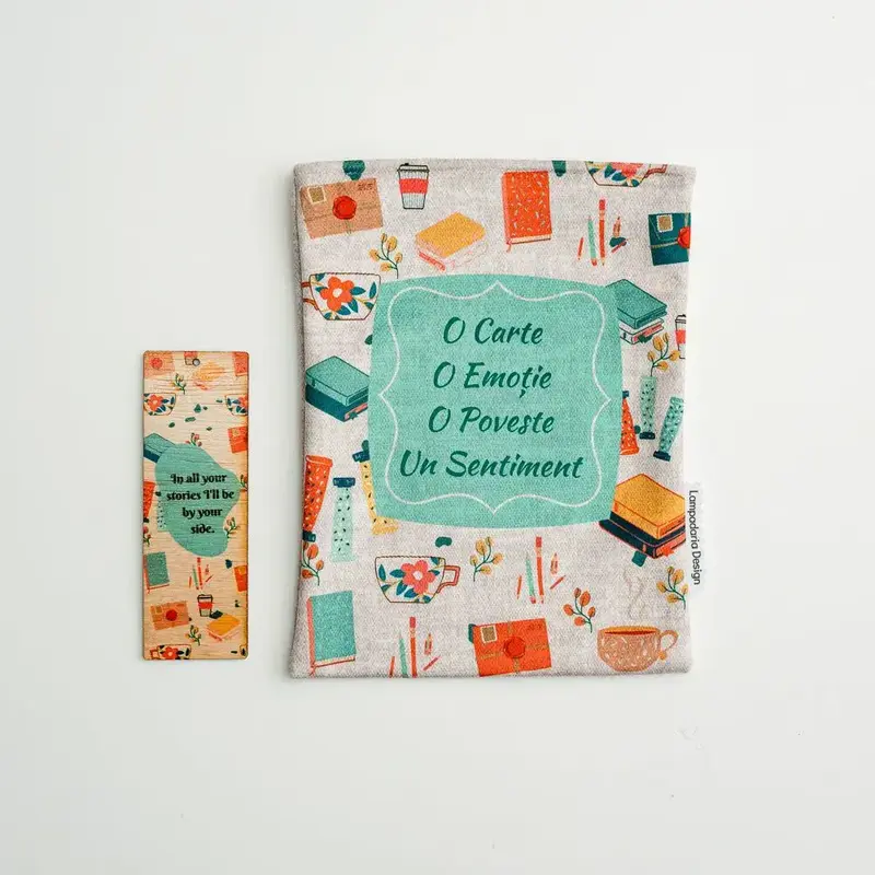 Set Husă pentru Carte + Semn de carte din lemn cu text "Booklovers Peach"
