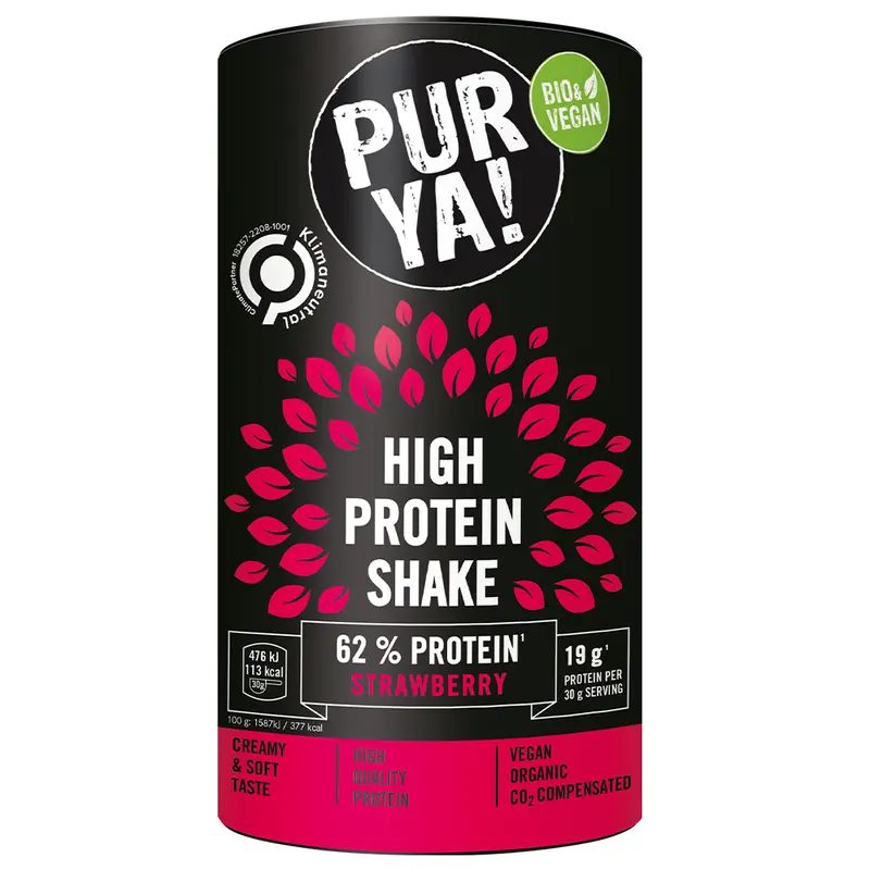 Shake Proteic Bio Vegan cu 62% Proteina si Aroma de Capsuni Purya 500 g