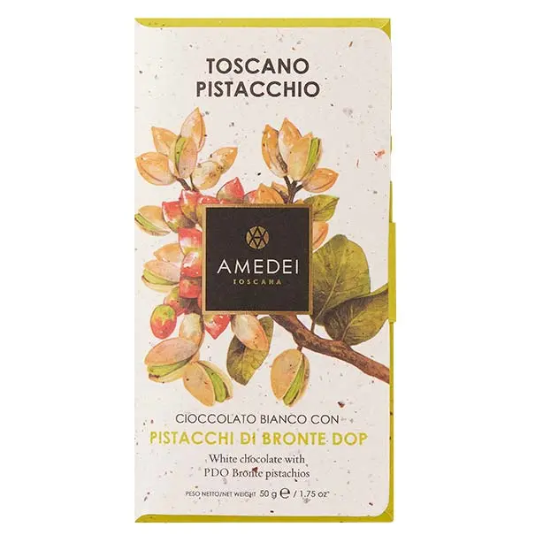 Tabletă de ciocolată albă cu fistic verde din Bronte 50g Amedei