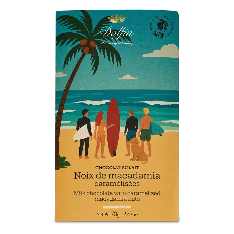 Tabletă de ciocolată cu lapte cu nuci de macadamia caramelizate Colecție de vară 70g Dolfin