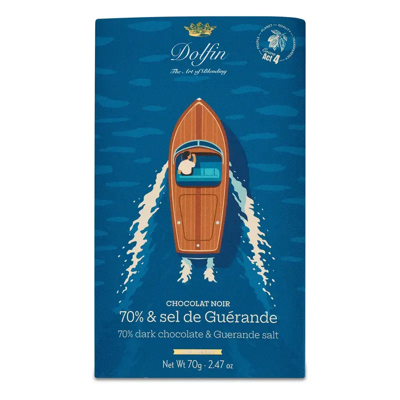 Tabletă de ciocolată neagră 70% și sare de Guérande Colecție de vară 70g Dolfin