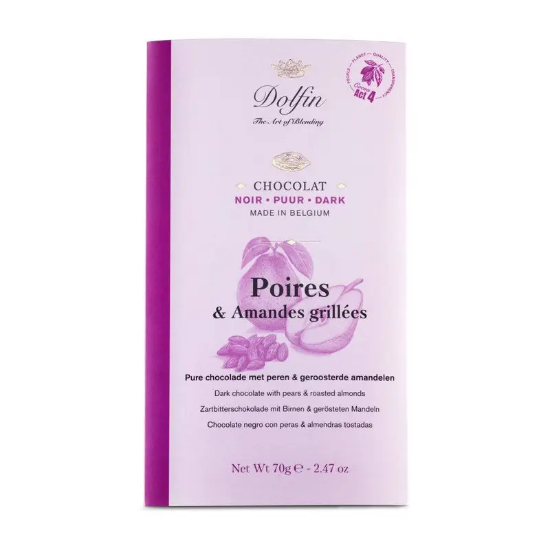 Tabletă de ciocolată neagră cu pere sălbatice și migdale prăjite 70g Dolfin