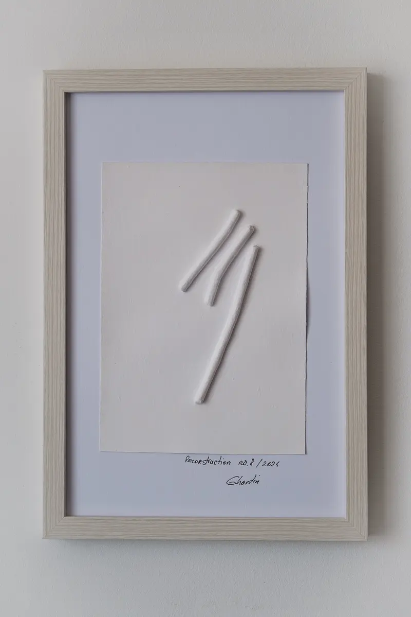 Tablou abstract modern „Reconstruction no.8” – 20x30cm – Acrilice pe hartie, cu insertii din lemn
