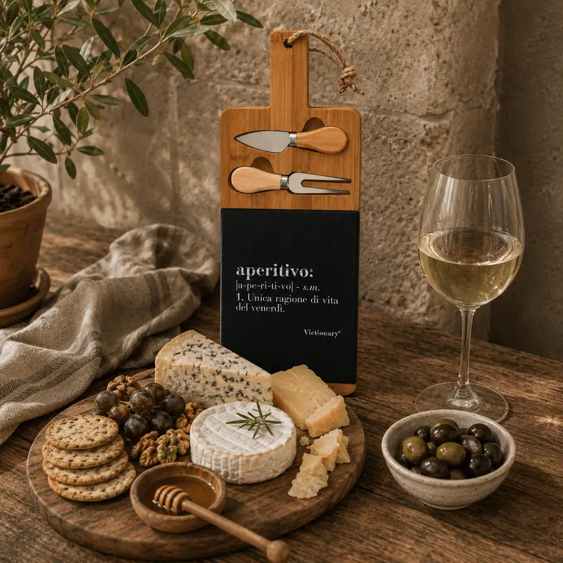 Tocător de aperitiv din bambus cu 2 cuțite, 41×15,2 cm