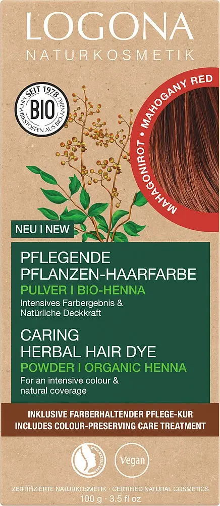 Vopsea de par bio pe baza de plante, rosu mahon 100g Logona