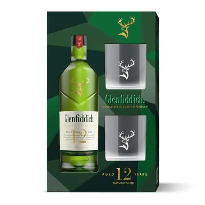 Whisky Scotch Glenfiddich 12 Y.O 40% 0.7L + 2 pahare